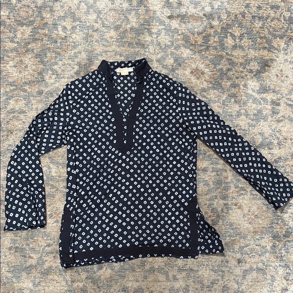 Michael Kors Blue and White Long Sleeve Mandarin Collar Blouse